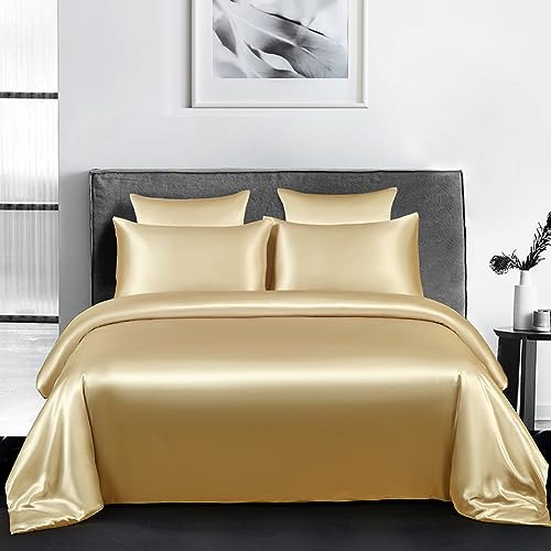 AShanlan Bettwäsche Set Satin 135x200 4teilig Gold Uni Einfarbig Deckenbezug 100% Glatt Angenehm Glanzsatin Polyester - 2 Bettbezüge 135 x 200 + 2 Kissenbezüge 80 x 80 cm von AShanlan