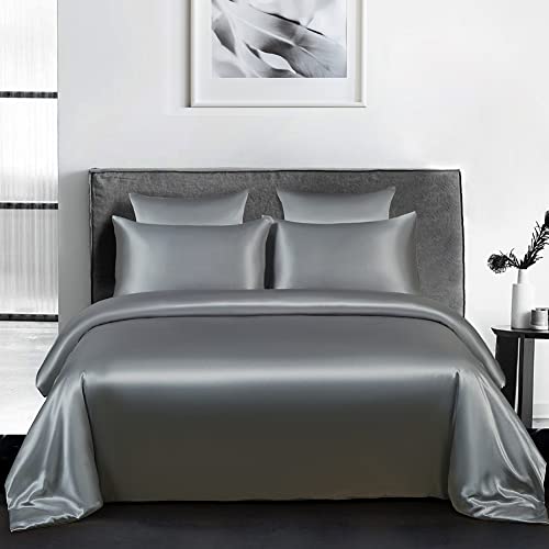 AShanlan Satin Bettwäsche 135x200 Grau Glänzend Bettwäsche-Sets Glatt Angenehm Glanzsatin Seiden Bettbezug 135 x 200 + Kissenbezug 80x80 cm mit Reißverschluss von AShanlan