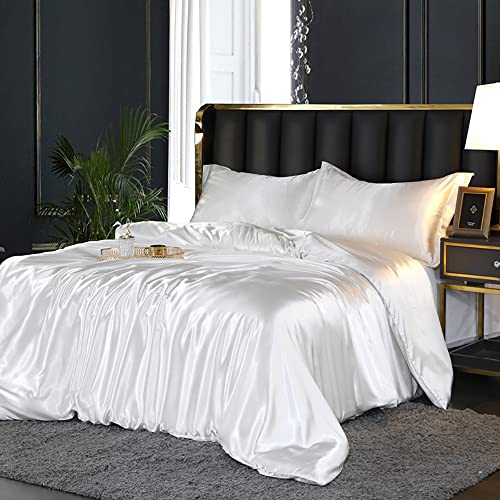 AShanlan Satin Bettwäsche 155x220 Weiß Glänzend Bettwäsche-Sets Glatt Angenehm Glanzsatin Seiden Bettbezug 155 x 220 + Kissenbezug 80x80 cm mit Reißverschluss von AShanlan