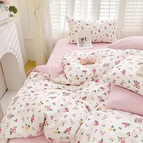 AShanlan Blumen Bettwäsche 140x200 Baumwolle Weiß Rosa Geblümt Bettwäsche-Sets mit Reißverschluss Aesthetic Floral Wendebettwäsche Enthält 1 Bettbezug 140x200 und 1 Kissenbezug 70x90 cm von AShanlan