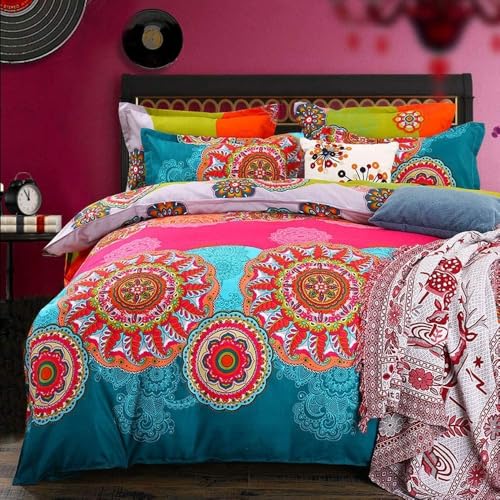 AShanlan Bohemian Style Bettwäsche Set 200x220 Indishes Design Mandala Muster Türkis Rosa Pink Boho Bettbezug Premium Qualität Mikrofaser mit Reißverschluss Kissenbezüge 80x80 cm von AShanlan