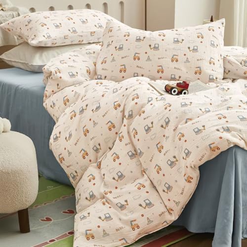 AShanlan Kinderbettwäsche 100x135 Baumwolle Musselin Bettwäsche Kinder Jungen 100 x 135 cm + Kissenbezug 40x60 cm Bagger Motiv Oeko-TEX zertifizierte Bettbezug mit Reißverschluss von AShanlan
