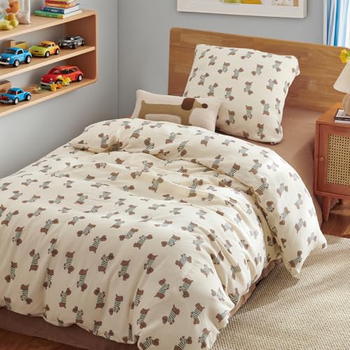 AShanlan Kinderbettwäsche 100x135 Baumwolle Musselin Bettwäsche Kinder Jungen 100 x 135 cm + Kissenbezug 40x60 cm Braun Dackel Muster Oeko-TEX zertifizierte Beige Bettbezug mit Reißverschluss von AShanlan