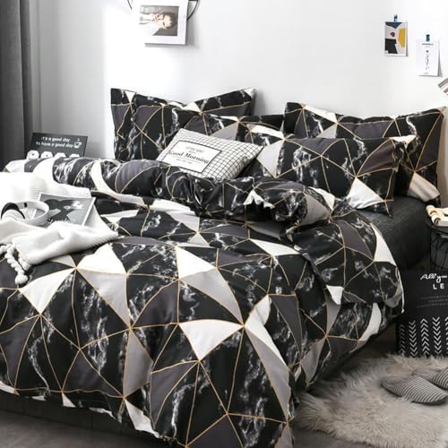 AShanlan Marmor Bettwäsche 135x200 4teilig Schwarz Weiß Grau Bettbezug 2er Set Microfaser Marmor Optik Geometrische Muster Bettwäsche Set und Kissenbezug 80x80 cm mit Reißverschluss von AShanlan