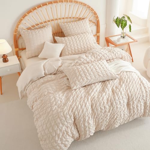 AShanlan Musselin Bettwäsche 200x220 Beige Kariert Seersucker Bettbezug Set 3 Teilig Aesthetic Geometrische Microfaser Kühlende Doppelbett Deckenbezug und 2 Kissenbezüge 80x80 cm mit Reißverschluss von AShanlan