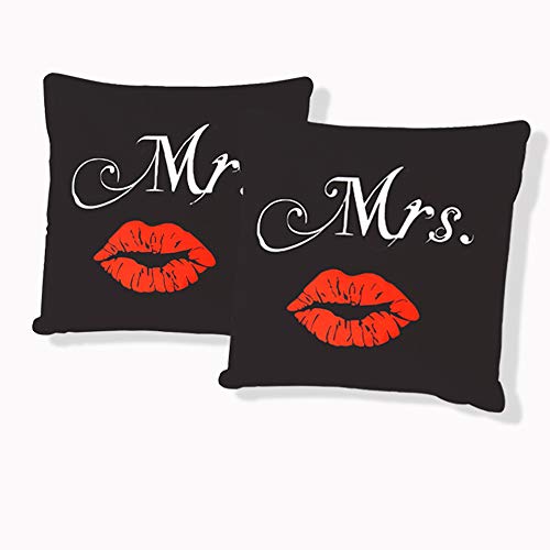 AShanlan Partner Kissenbezug 2er Set 80x80 cm Mr Mrs Schwarz Rot Lippen Ornamente Wendemotiv Microfaser Doppelpack Dekorativ Kissenbezüge Kissenhülle mit Reißverschluss von AShanlan