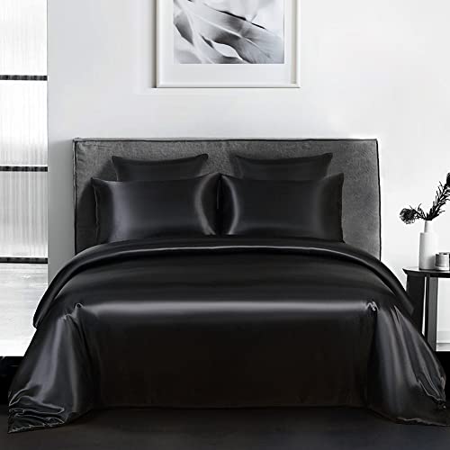 AShanlan Satin Bettwäsche Set 200x220cm Schwarz Unifarben Deckenbezug 100% Glatt Angenehm Glanzsatin Polyester mit Reißverschluss - 1 Bettbezug 200 x 220 + 2 Kissenbezüge 80x80 cm von AShanlan