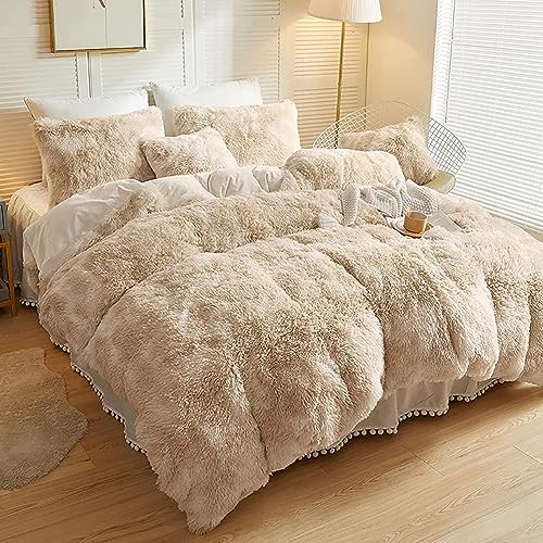 AShanlan Warme Plüsch Bettwäsche 155x220 Flauschig Winter Bettbezug Langhaar Flausch Fleece Plüschbettwäsche Set mit Reißverschluss Kopfkissenbezug Ombre Beige - 155 x 220 + 80 x 80 cm von AShanlan