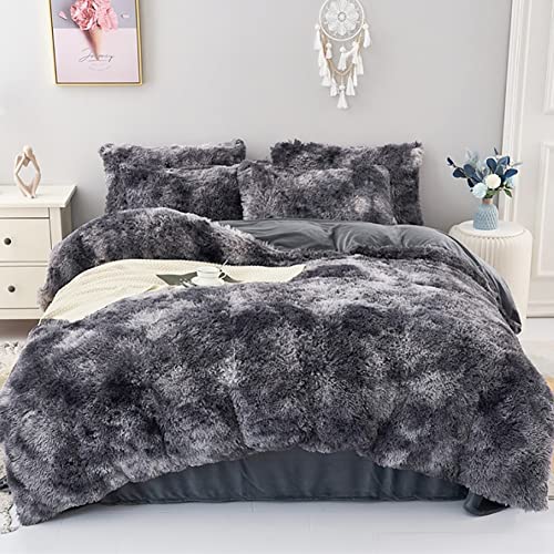 AShanlan Warme Plüsch Bettwäsche 155x220 Flauschig Winter Bettbezug Langhaar Flausch Fleece Plüschbettwäsche Set mit Reißverschluss Kopfkissenbezug Ombre Grau - 155 x 220 + 80 x 80 cm von AShanlan