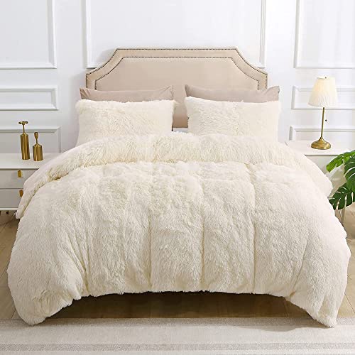 AShanlan Warme Plüsch Bettwäsche 220x240 Creme Flauschig Winter Bettbezug Langhaar Flausch Fleece Plüschbettwäsche Set mit Reißverschluss Kopfkissenbezug - 220 x 240 + 2 x 80 x 80 cm von AShanlan