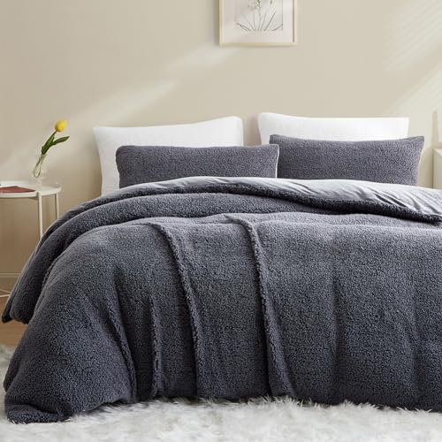 AShanlan Winter Feece Bettwäsche 135x200 4teilig Cashmere Touch Super Warme Sherpa Bettbezug Flauschig Teddy Fleece Flanell Deckenbezug mit Reißverschluss und Kissenbezug 80x80 cm Dunkelgrau von AShanlan