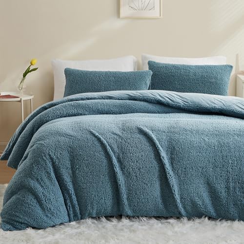 AShanlan Winter Feece Bettwäsche 135x200 4teilig Cashmere Touch Super Warme Sherpa Bettbezug Flauschig Teddy Fleece Flanell Deckenbezug mit Reißverschluss und Kissenbezug 80x80 cm Petrol Blau von AShanlan