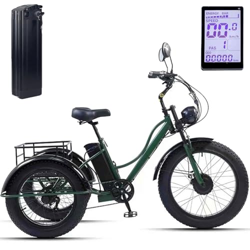 ASnwpaK 7-Gang-Elektrodreirad FüR Erwachsene, 24″ Elektrodreirad Mit Dicken Reifen, Mit 48V 15Ah Akku + GroßEm Korb, 65 Km Reichweite, LCD-Display + Scheinwerfer, FüR Senioren,Green von ASnwpaK