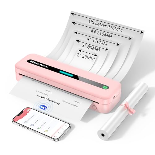 ASprink Mobiler Drucker Bluetooth, Thermodrucker A4 M832 Tragbarer Drucker Nur Thermopapier, 300DPI Portable Printer A4 für Unterwegs, Drucker Klein Kompakt Kompatibel mit Android und iOS - Rosa von ASprink