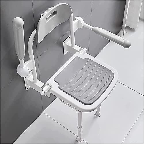 ASumPio Duschhocker Klappbarer Duschsitz, Für Senioren Mit Behinderung Tragbarer Badestuhl Mit Stützbeinen Und Armlehnen An Der Wand Montierter Badezimmer-Badehocker Badezi,Light Grey-38 * 45cm von ASumPio