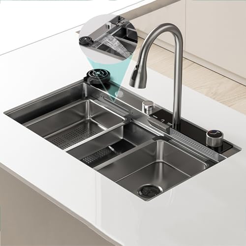 ASumPio Küchenspüle, Wasserfallspüle Mit Ausziehbarem Wasserhahn Mit Klavierknopf, Doppel-Wasserauslass, Geschirrspülbecken, Gemüsespüle, Edelstahlspüle,A-68 * 45CM ASumPio Küchenspüle, Wasserfallspüle Mit Ausziehbarem Wasserhahn Mit Klavierknopf, Doppel-Wasserauslass, Geschirrspülbecken, Gemüsespüle, Edelstahlspüle,A-68 * 45CM von ASumPio