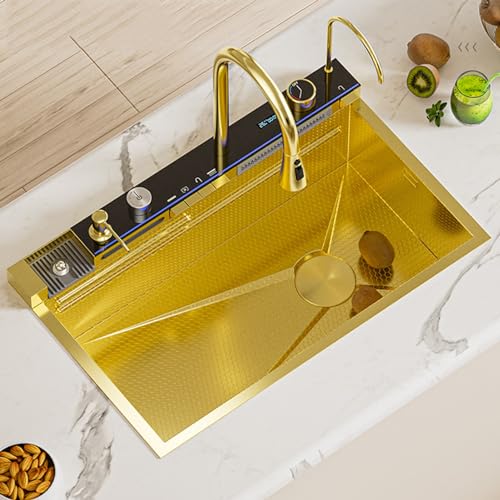 ASumPio Wasserfall-Küchenspüle Mit Einteiligem Wasserhahn Waben-Goldspüle Doppelspüle Mit Wasserablauf Raindance-Spüle Edelstahlspüle,A-75 * 46CM von ASumPio