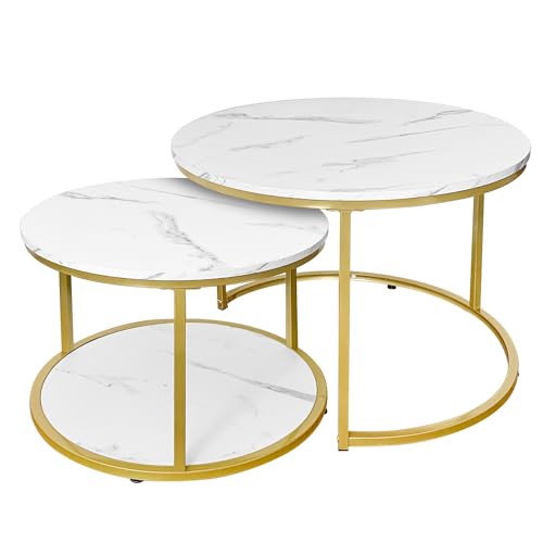 AT-VALY Couchtisch-Set mit 2 Nisttischen, runder Beistelltisch für Wohnzimmer, kleiner Akzenttisch mit Stauraum (Gold) von AT-VALY