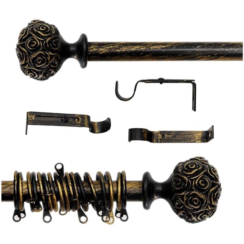 AT17 Gardinenstange Ausziehbar, Vorhangstange Gardinenstange Variable Länge Landhaus Shabby Chic - Rosen Prägemuster - 120-210 - Durchmesser 2 cm - Schwarz/Gold - Metall von AT17