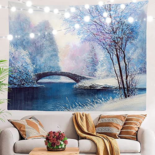 ATAAY Wandbilder 150 x 200 cm, Winterlandschaft, Wandteppich, Winterlandschaft mit einem Fluss und einer Brücke, große Wandbehang, Polyester-Tischdecken, Raumdekoration von ATAAY