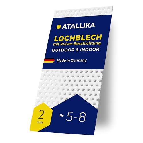 ATALLIKA Lochblech Aluminium Rv 5-8 beschichtet [Reinweiss, 150x100 mm] - 2mm dickes Rundloch-Blech 5mm/8mm mit beidseitiger Pulverbeschichtung [Outdoor & Indoor] - präziser Zuschnitt aus Deutschland von ATALLIKA