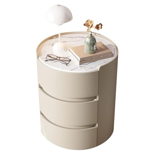 ATAPNLNMTZ Moderner Runder Nachttisch mit Steinplatte, Nachtschrank mit 3 Schubladen für Schlafzimmer, Minimalistischer Akzent-nachttischschrank(Beige,17.7in/45cm) von ATAPNLNMTZ