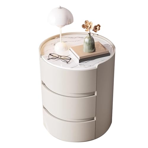 ATAPNLNMTZ Moderner Runder Nachttisch mit Steinplatte, Nachtschrank mit 3 Schubladen für Schlafzimmer, Minimalistischer Akzent-nachttischschrank(White,17.7in/45cm) von ATAPNLNMTZ