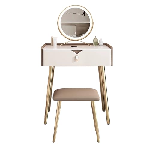 ATAPNLNMTZ Schminktisch Mit LED-beleuchtetem Spiegel Und Hocker, Kleiner Schminktischs Mit Schublade Fürs Schlafzimmer, Moderner Frisiertisch(Brown,19.6in/50cm) von ATAPNLNMTZ