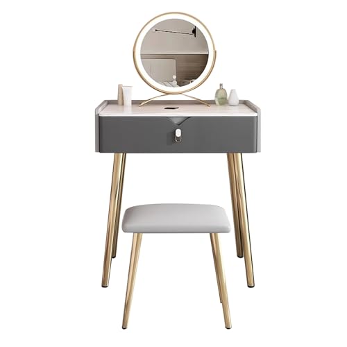 ATAPNLNMTZ Schminktisch Mit LED-beleuchtetem Spiegel Und Hocker, Kleiner Schminktischs Mit Schublade Fürs Schlafzimmer, Moderner Frisiertisch(Gray,19.6in/50cm) von ATAPNLNMTZ