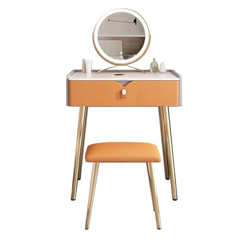 ATAPNLNMTZ Schminktisch Mit LED-beleuchtetem Spiegel Und Hocker, Kleiner Schminktischs Mit Schublade Fürs Schlafzimmer, Moderner Frisiertisch(Orange,23.6n/60cm) von ATAPNLNMTZ