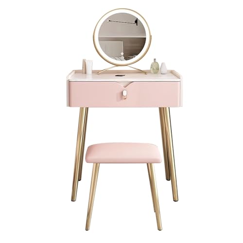 ATAPNLNMTZ Schminktisch Mit LED-beleuchtetem Spiegel Und Hocker, Kleiner Schminktischs Mit Schublade Fürs Schlafzimmer, Moderner Frisiertisch(Pink,23.6n/60cm) von ATAPNLNMTZ