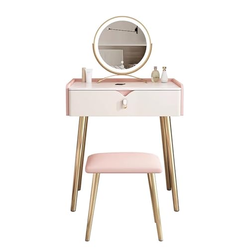 ATAPNLNMTZ Schminktisch Mit LED-beleuchtetem Spiegel Und Hocker, Kleiner Schminktischs Mit Schublade Fürs Schlafzimmer, Moderner Frisiertisch(White,19.6in/50cm) von ATAPNLNMTZ