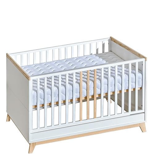 ATB MEBLE Babybett 140x70 cm - Nordik Kollektion - Beistellbett Baby aus Holz - Bett Baby Mitwachsend- Kinderbett umbaubar - 4 Ebenen der Matratzenhöhe - Gitterbett- Weiß von ATB