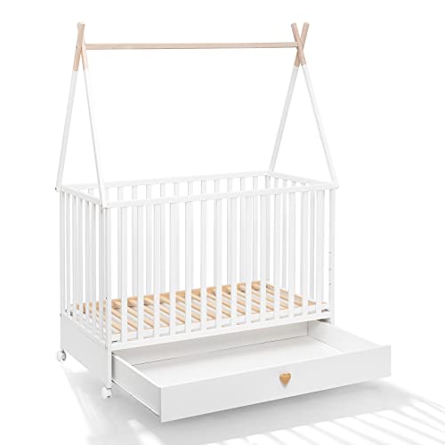 ATB MEBLE Babybett mit Schublade Dreamy Kollektion - Beistellbett Baby aus Holz - Kinderbett - DREI Ebenen der Matratzenhöhe - Bett für Babyzimmer - Hausbett für Baby - Weiß von ATB