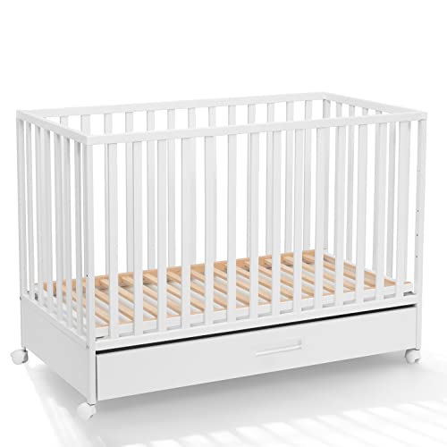 ATB Weiss Babybett mit Schubladen LUX 60x120 - Baby Bett Für Baby, Massivholz Bed 120x60 for Babys, Kinderbett ab 3 Jahr, Weiß Crib 60 x 120, Beyaz Bebek Yatagi, Komplett Cots Für Sleep von ATB