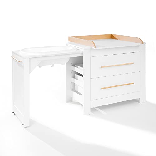 ATB Wickelkommode mit Badewanne aufsatz - Mobilier Wickeltisch Kommoden mit Bade klappbarer, Baby Wickelkombination am Rollen, Kommode mit Changing Table Wickelaufsatz mit Holz von ATB