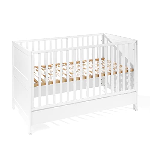 ATB MEBLE Babybett - Beistellbett Baby aus Holz - Bett Baby Mitwachsend - Kinderbett umbaubar - Vier Ebenen der Matratzenhöhe - Bett für Babyzimmer - Gitterbett -140x70 - Weiß von ATB