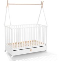 Weißes 2-in-1 Kinderbett mit Schublade, Holzbett 120x60 cm + Rollen Weißes 2-in-1 Kinderbett mit Schublade, Holzbett 120x60 cm + Rollen von ATB