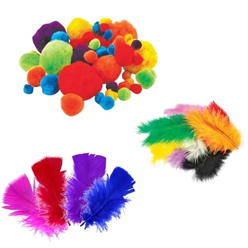 ATC Handels GmbH Federn & Pompon Set, Pusteübungs-Set für Kinder, kreatives Bastelset mit Pompons und Federn in verschiedenen Farben und Größen von ATC Handels GmbH