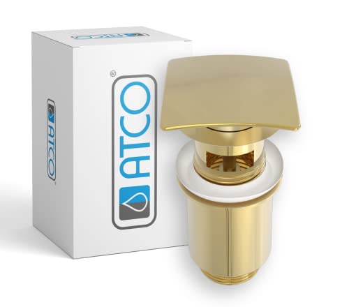 ATCO® Ablaufventil Waschbecken Design Pop-Up Ventil Ablauf Ablaufgarnitur Excenter Exzenter Abfluss Siphon Waschtisch PU39 mit Überlauf gold eckig von ATCO