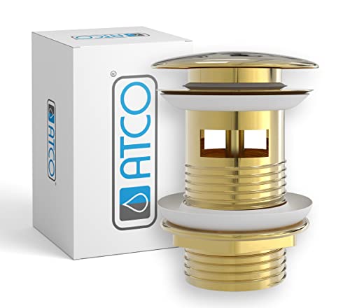 ATCO® Ablaufventil PU20 mit Überlauf Pop-Up Ventil Ablauf Ablaufgarnitur Siphon Excenter Exzenter Abfluss Klick-Ventil Waschtisch Waschbecken mit Überlauf gold Vergoldet von ATCO