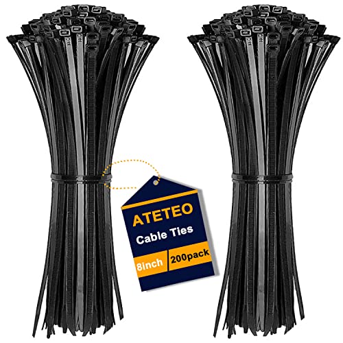 ATETEO Kabelbinder, 200 Stück 20,3 cm langlebige Kabelbinder, selbstsichernde Nylon-Kabelbinder, Mehrzweck-Kabelbinder, zum Binden von Kabeln, Pflanzen, Paketen - Schwarz von ATETEO