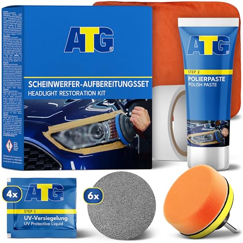 ATG® Scheinwerfer Aufbereitung Set - Universal Auto Scheinwerfer Polierset für matte & blinde Scheinwerfer aus Kunststoff - Schnelle & einfache Scheinwerfer Aufbereitung - Scheinwerfer Reparatur Set von ATG