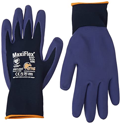 ATG 34-274/08 MaxiFlex Elite Handschuh, Strickbund, Beschichtete Handinnenfläche, 0.8mm Handflächendicke, 23cm Länge, Dunkelblau, Größe 08 von ATG