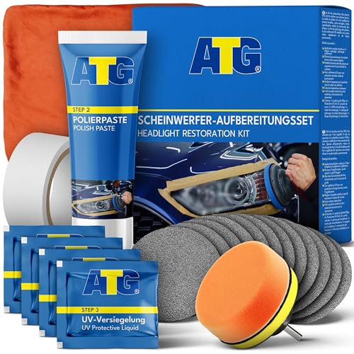 ATG® Scheinwerfer Aufbereitung Set - Universal Auto Scheinwerfer Polierset für matte & blinde Scheinwerfer aus Kunststoff - Schnelle & einfache Scheinwerfer Aufbereitung - Scheinwerfer Reparatur Set von ATG