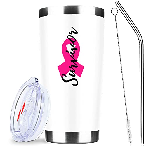Brustkrebs-Überlebensgeschenk für Frauen, Becher 590 ml mit Deckel-Reinigungsbürste und Strohhalm, Get Well Edelstahl, Vakuum-Reise-Kaffeetassen (weiß) von ATHAND