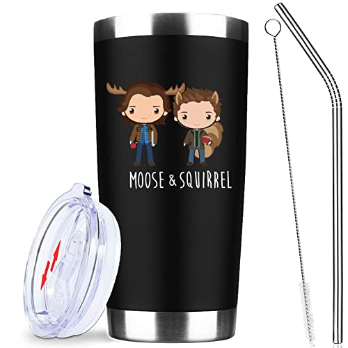 Supernatural Merchandise Gifts Sam & Dean Moose & Squirrel Isolierbecher Kaffeebecher mit Deckel, Strohhalm, Freunde, Familie und Ihre Seelenverwandten (schwarz) von ATHAND