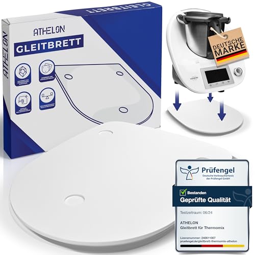 ATHELON® Gleitbrett (weiß) für Thermomix TM5 & TM6 [aus hochwertigem Acrylstein] - rutschfestes Rollbrett mit ergonomischen Griffmulden - Unterlage & Gleiter für den Vorwerk Thermomix von ATHELON