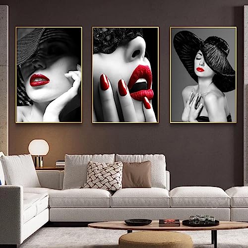 ATHFIN Schöne Frau, rote Lippen, schwarzer Hut, roter Nagellack, abstrakte Poster, Leinwandgemälde, Wandkunst, Bilder, Wohnzimmerdekoration, 30 x 50 x 3 cm, rahmenlos von ATHFIN