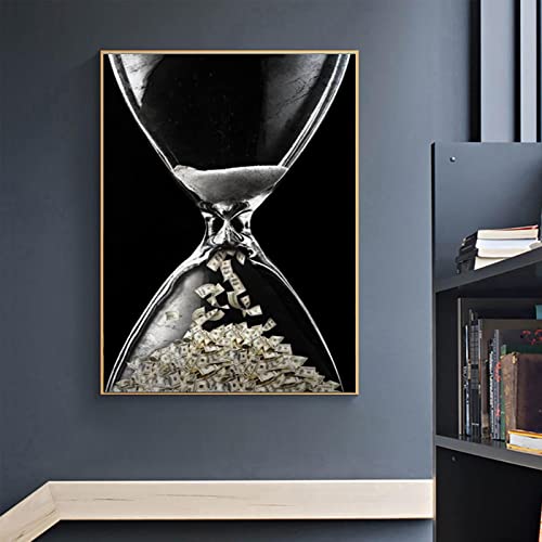 ATHFIN Zeit ist Geld Motivations-Leinwandbilder Dollar In Hourglass Poster Drucke Wandkunst Bilder für Wohnzimmer Cuadros 80x120cm Rahmenlos von ATHFIN